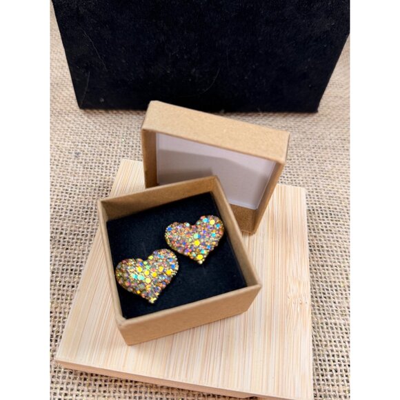 Glitter Gold Heart Stud Earrings Sparkling Rhinestones - Picture 1 of 5